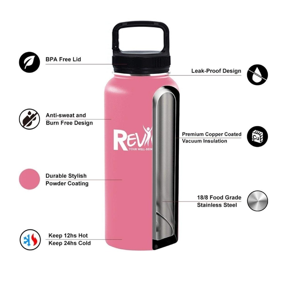 New Revive Life Insulated BPA-Free Prem Vacuum Insulation Water Bottle 32oz Pink